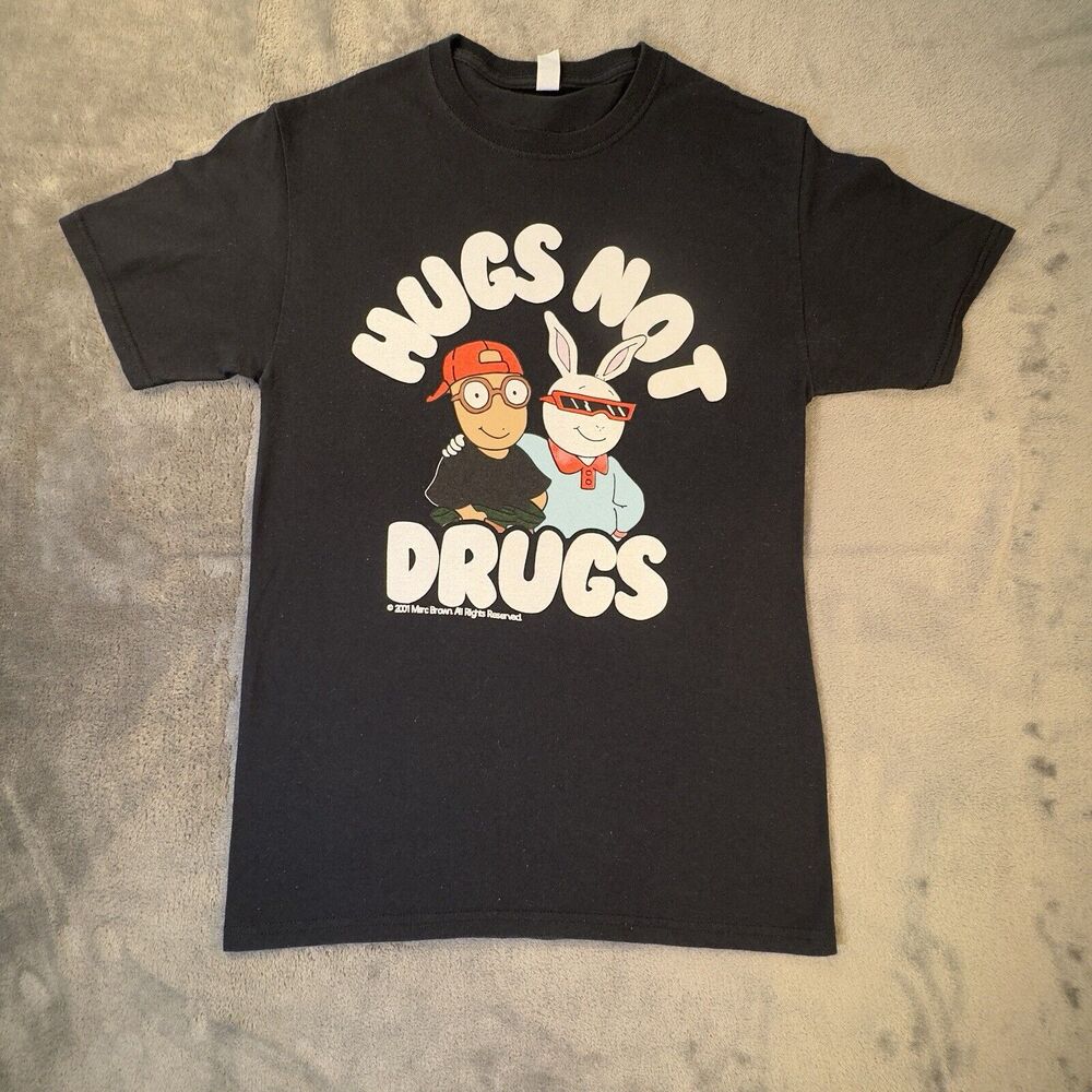 VINTAGE ARTHUR Shirt Mens Medium Black Hugs Not Drugs Arthur Buster Y2K‎